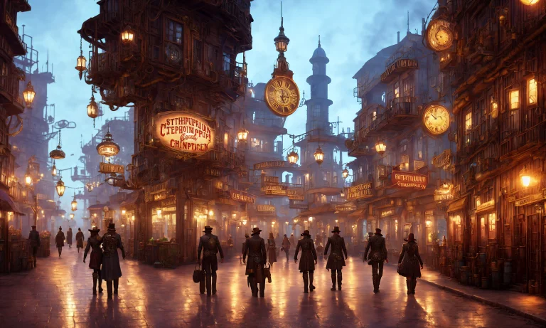 Drawing Of Steampunk City , With People Walking Around, Fine...