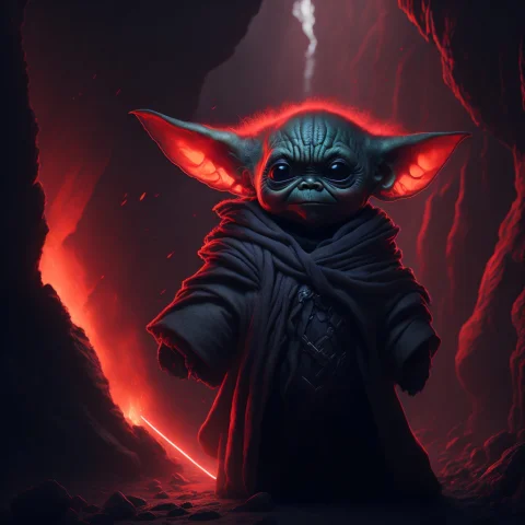 Portrait Of Baby Yoda, Sith Lord, Red Light Laser, Atmospher... — Stable Diffusion AI Prompt: portrait of baby yoda, sith lord, red light laser, atmospheric fog, volcanic cav...