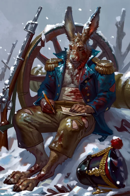 An Anthropomorphic Hare Soldier Slumped Against A Shattered...