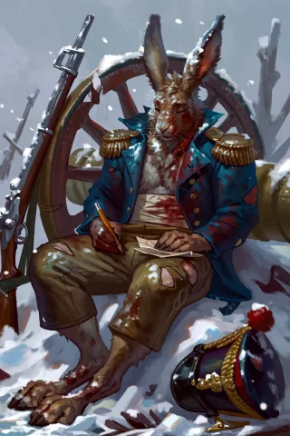 An Anthropomorphic Hare Soldier Slumped Against A Shattered... — Stable Diffusion AI Prompt: An anthropomorphic hare soldier slumped against a shattered caisson wheel in the...