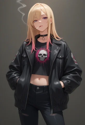 Masterpiece, 1girl, Solo, Punk Chick, Jacket, Black Shirt, M... — Stable Diffusion AI Prompt: Masterpiece, 1girl, solo, punk chick, jacket, black shirt, midriff, pants, choke...