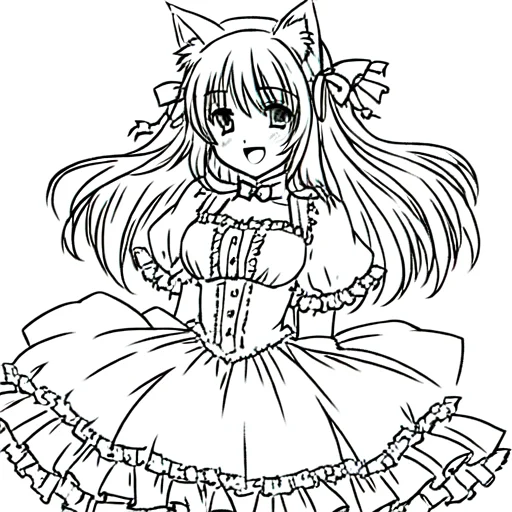 1girl, Solo, Catgirl, Cat Ears, D, Dress, Lineart, Monochrom...