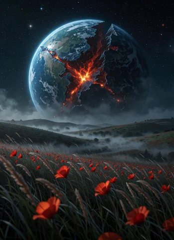 A Landscape Photo. A Vast Grass Field With Foggy Hills. Lumi... — Stable Diffusion AI Prompt: A landscape photo. A vast grass field with foggy hills. Luminiscent red flowers...