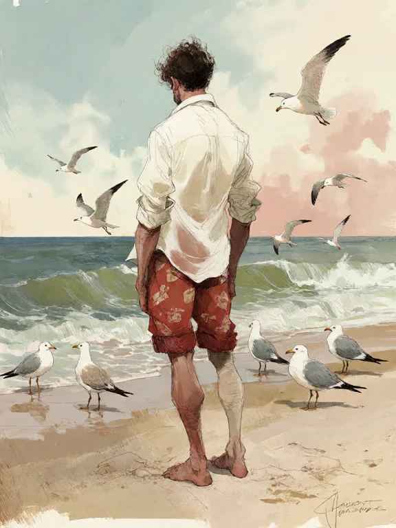 Bradhamel Art Style. A Solitary Man With Dark Curly Hair, We...