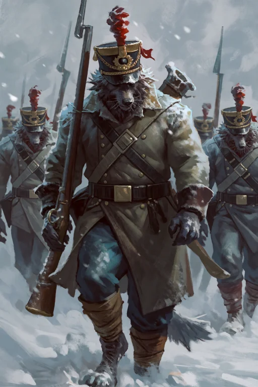 An Anthropomorphic Wolf Infantryman Trudging Through Deep Sn...