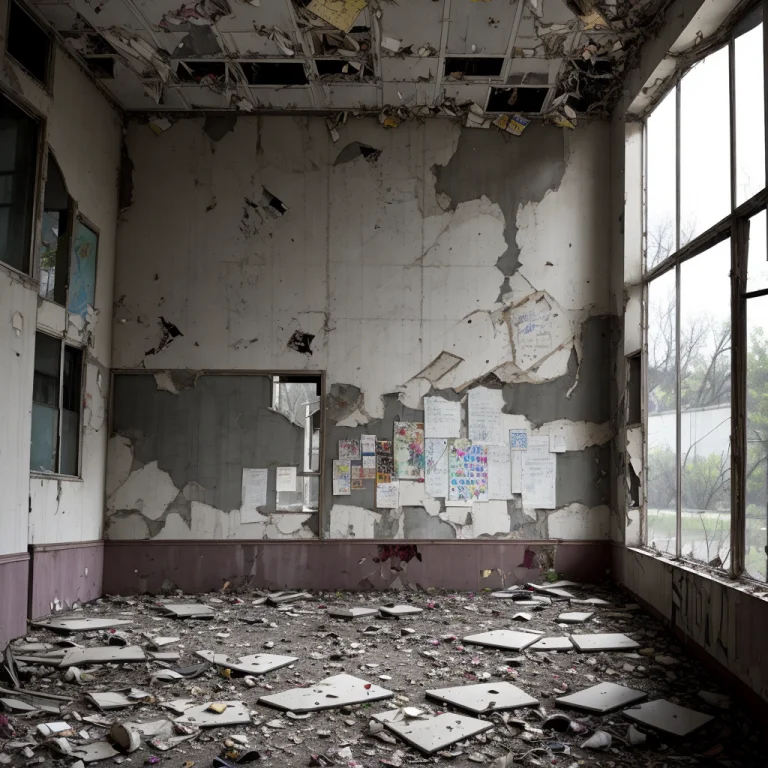 Abandoned School, Broken Tables, Posters On Walls, Concrete...
