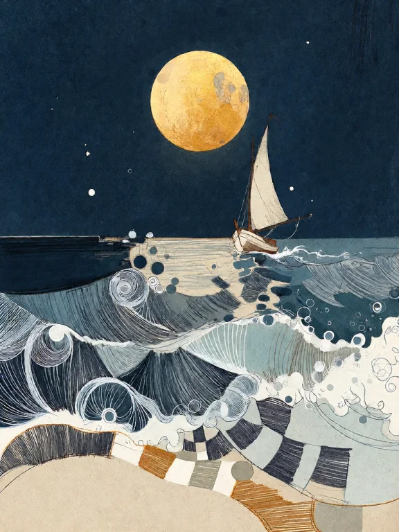 Bradhamel Art Style. A Serene Nocturnal Seascape With A Larg...