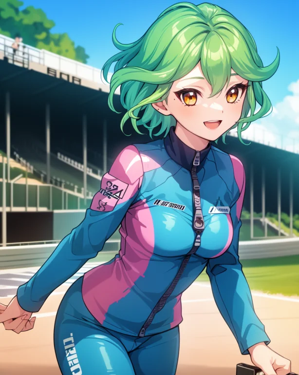 1girl, Rin, Green Hair, Short Hair, Yellow Eyes, Blue Racing...