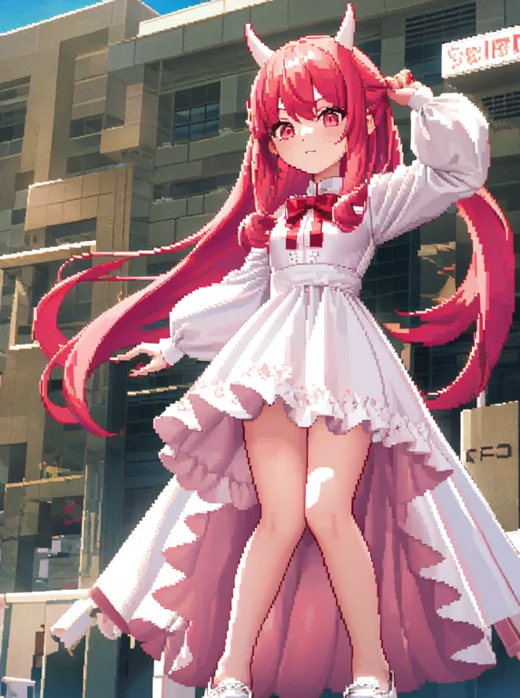 1girl, Red Hair, Long Hair, Pink Eyes, Head Horn, Medium Bus...