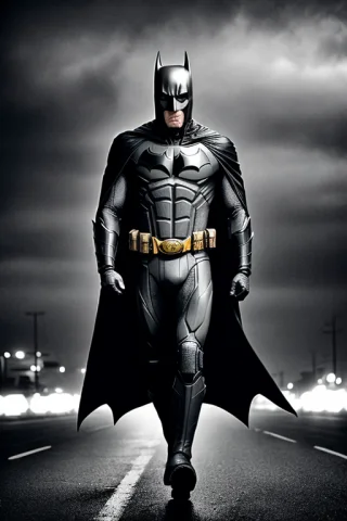 Analog Style, Batman Made Out Of Rusty Metal Power Walking O... — Stable Diffusion AI Prompt: analog style, Batman made out of rusty metal power walking on a Very Dark Gray a...