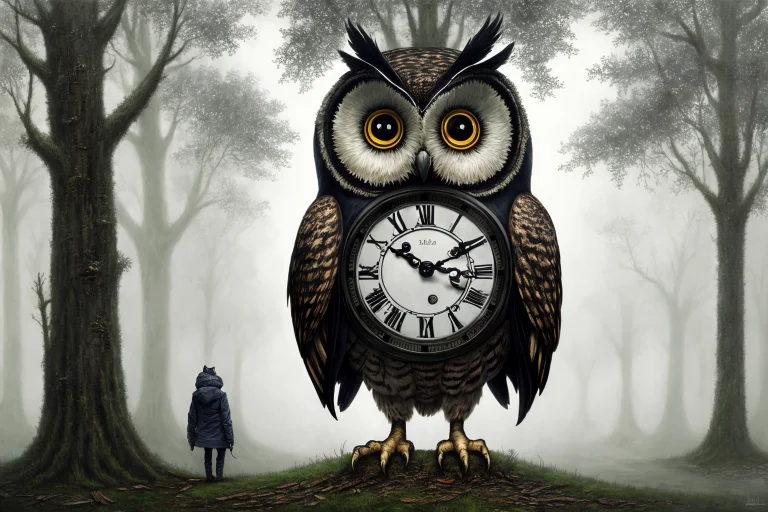 An Owl Wearing A Hooded Jacket In A Forest With A Clock Towe...