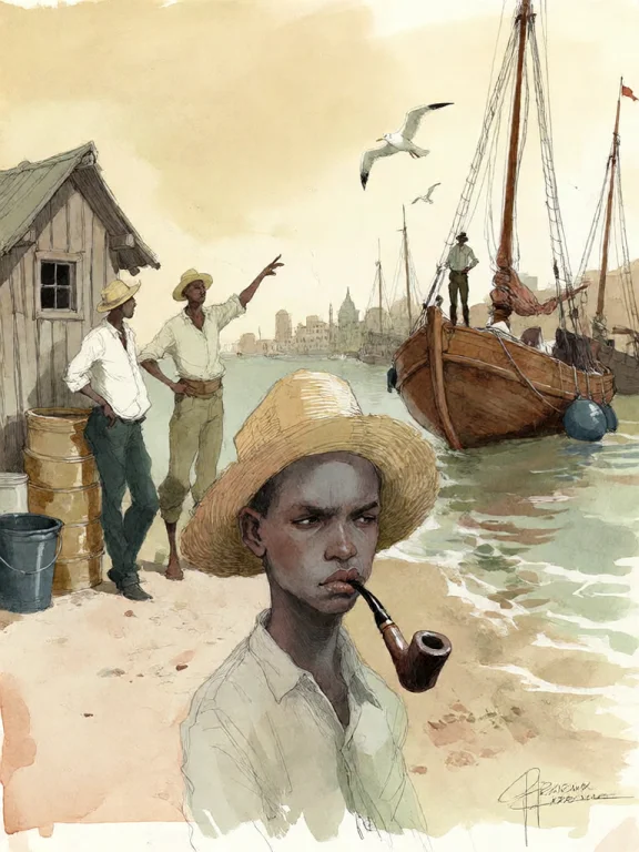 Bradhamel Art Style. A Warm, Sun-drenched Harbor Scene Rende...