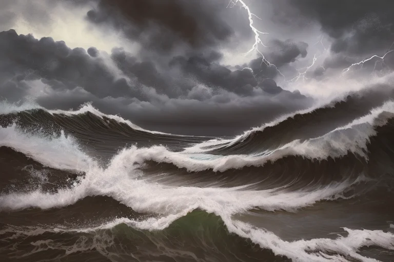 Dark Painting Of A Stormy Beach, Big Waves, Lightning, Dark...