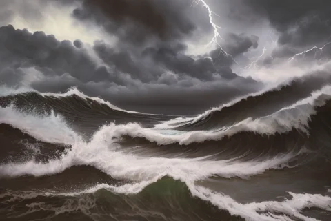 Dark Painting Of A Stormy Beach, Big Waves, Lightning, Dark... — Stable Diffusion AI Prompt: dark painting of a stormy beach, big waves, lightning, dark clouds, oil on black...
