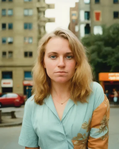 Film Portrait Photograph Of A Caucasian Woman Standing In A... — Stable Diffusion AI Prompt: film portrait photograph of a caucasian woman standing in a city street 