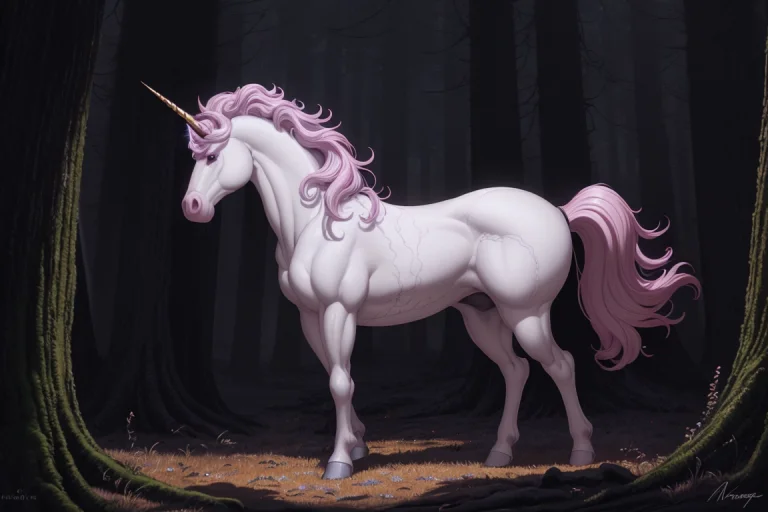 Vibrant Unicorn Standing In A Dark Rainy Forest, High Contra...
