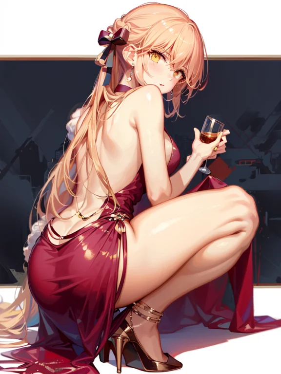 1girl,redgown,shamare,look Back,legs Apart,squatting,simple...