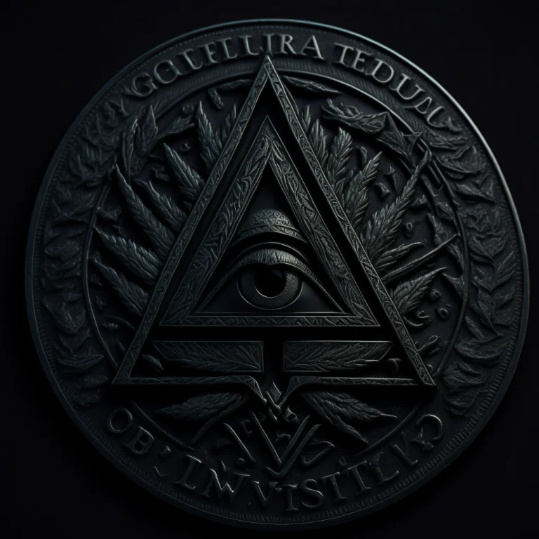 Top Down View Macro Photo Of A Metal Coin With Illuminati Lo...