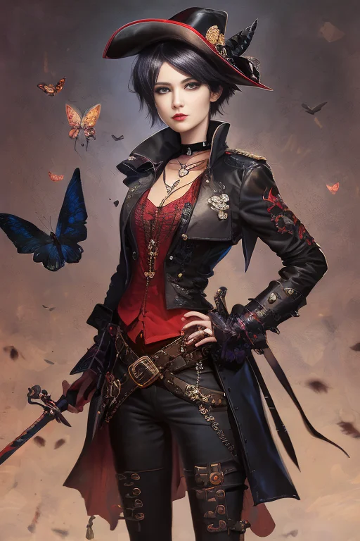 Portrait Of A Lithe Female Human Pirate, Red Silk Shirt, Bla...