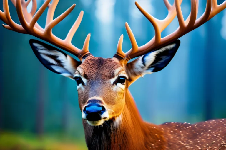 A Close Up Of The Head Of A Deer With Striking Blue Eyes , B...
