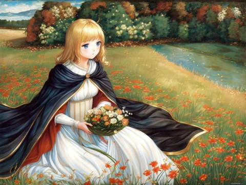On Meadow Solo Waifu, One Hand Gathering Flowers, With Blond... — Stable Diffusion AI Prompt: on meadow; solo waifu, one hand gathering flowers, with blonde hair, blue eyes,...