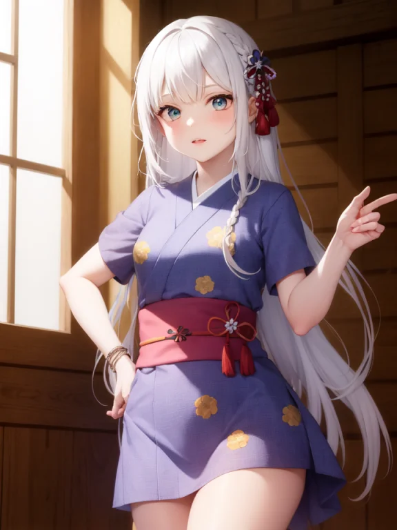 Short Sleeves, Short Yukata, White Hair, Long Hair, Indoors,...