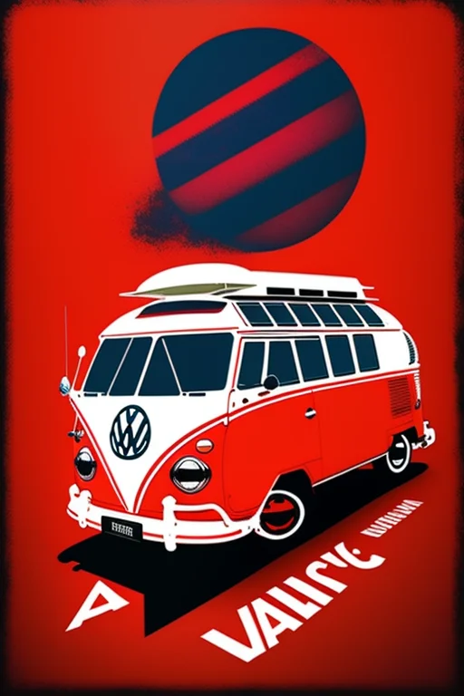 A Vw Bus T-shirt Logo In The Style Of Magifactory Art On Red...