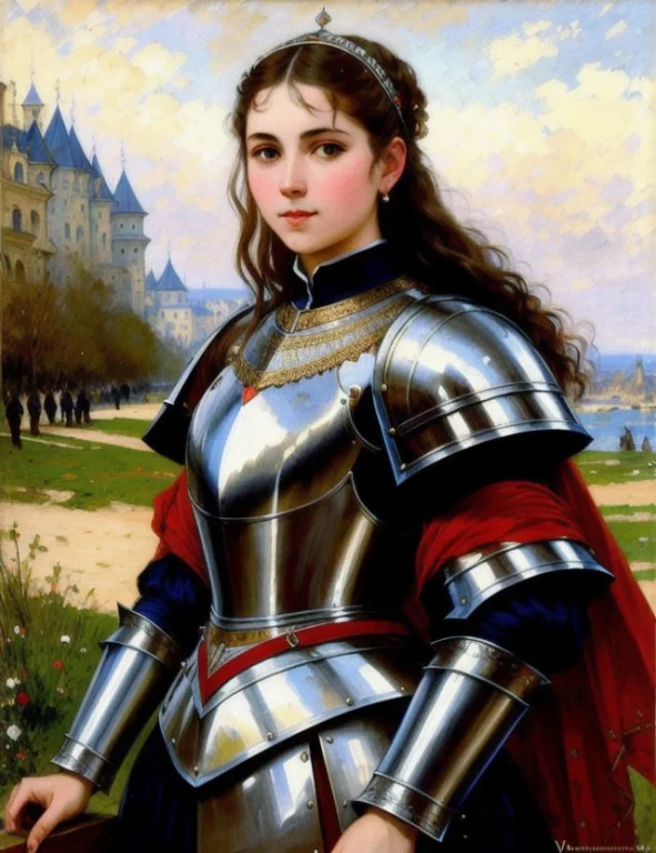 Portrait Of French Women In Full Steel Knight Armor, Highly...