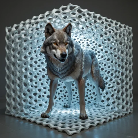 Dynamic Lighting, An Animal, Wolf, Wolf Shaped1.5, Gyroid, L... — SDXL AI Prompt: Dynamic Lighting, an animal, ((wolf, wolf shaped:1.5)), gyroid, lattice structur...