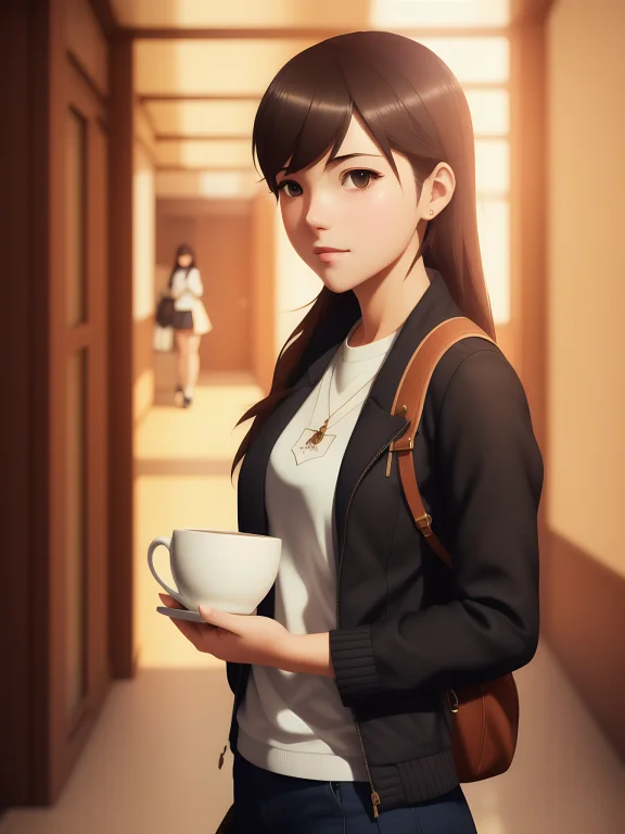 Cute Girl With Cup Of Coffee In School Hallway, Medium Shot,...