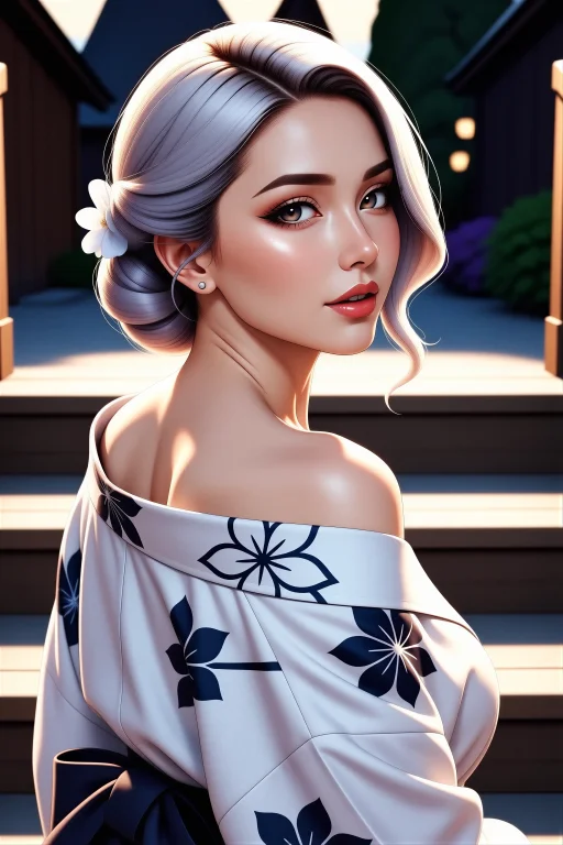 Elegant Woman With Silver-lavender Hair, Yukata Collar Pulle...