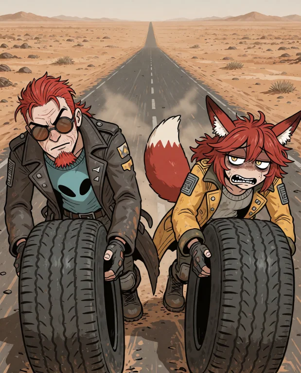Cartoon Illustration, Wide Shot On A Long, Dusty Road In A V...