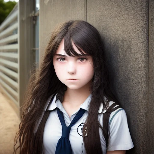 High School Girl In Front Of School Gate, Highly Detailed Fa...