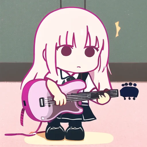 1girl, Pink Hair, Long Hair, School Uniform, Holding Guitar,...