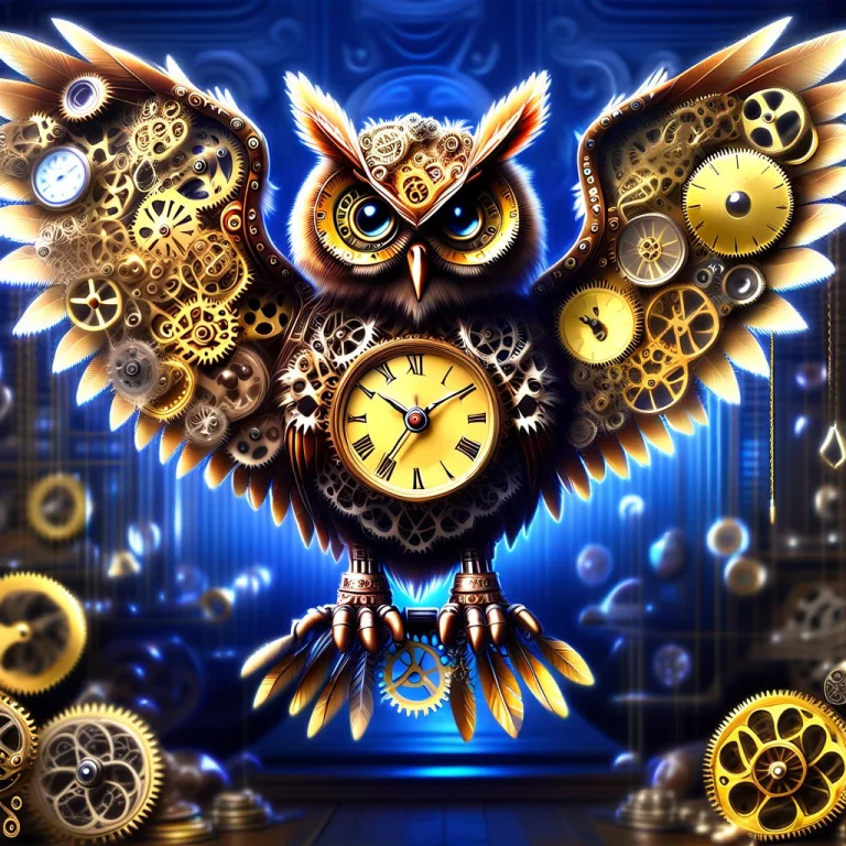 A Majestic Steampunk Owl Perched On An Antique Brass Clock T...