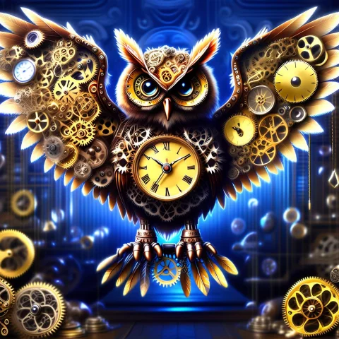 A Majestic Steampunk Owl Perched On An Antique Brass Clock T... — SDXL AI Prompt: A majestic steampunk owl perched on an antique brass clock tower, its body const...