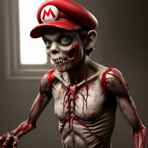 Photorealistic Mario Zombie From Resident Evil, Long Spindly... — Stable Diffusion AI Prompt: photorealistic Mario Zombie from Resident Evil, long spindly arms, short legs, m...