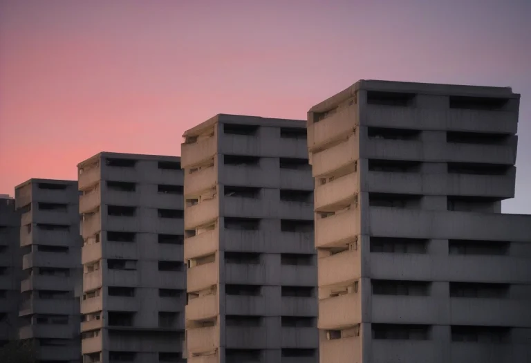 A Brutalist Concrete Housing Block At Dusk, 35mm Lens, Negat...