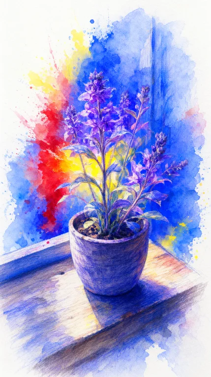 A Centered Violet Plant In A Textured Clay Pot Rests On A We...