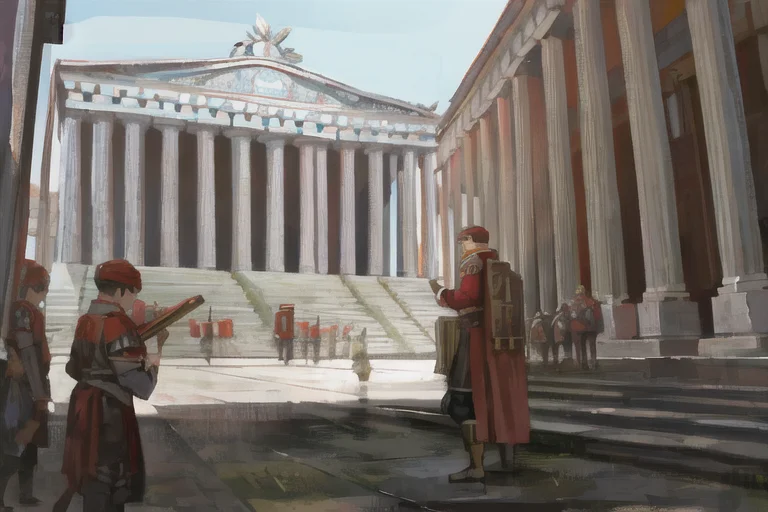 A Painting Of A Roman Soldier Standing In Front Of A Buildin...