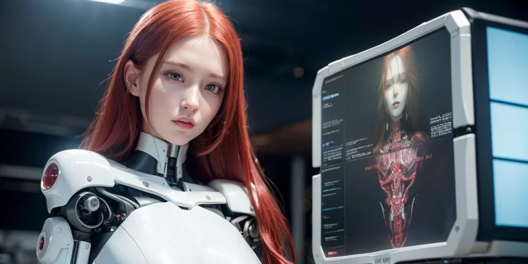 1girl,staight Long Shinning Red Hair,plump Long Hair,cyborg,...