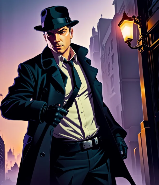 Solo Mid Shot Portrait Photo Of A Noir Detective Fantasy Bac...