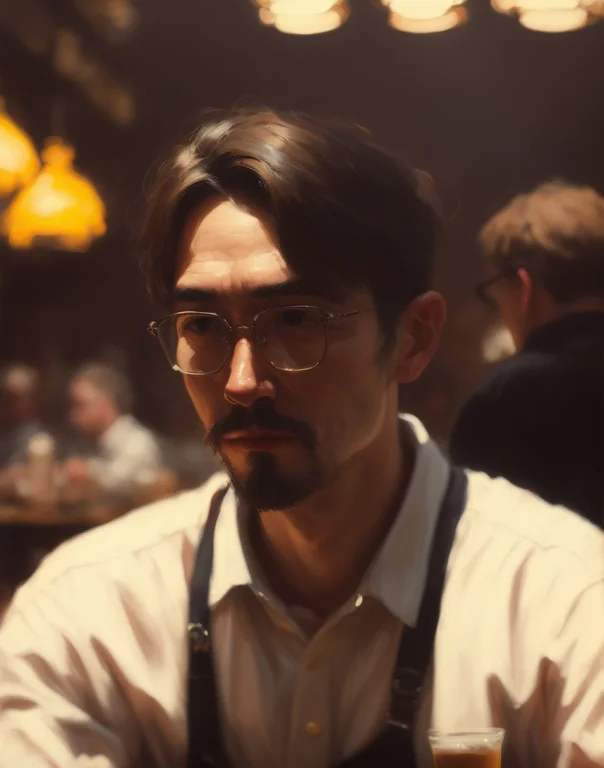 There Is A Man Sat Down, A Painting Of A Character In A Caf...
