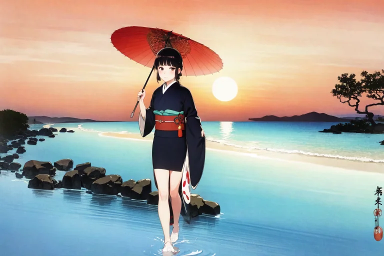 Loraohara Koson1, Ohara Koson, 1girl, Beach, Sunset, Red Sun...