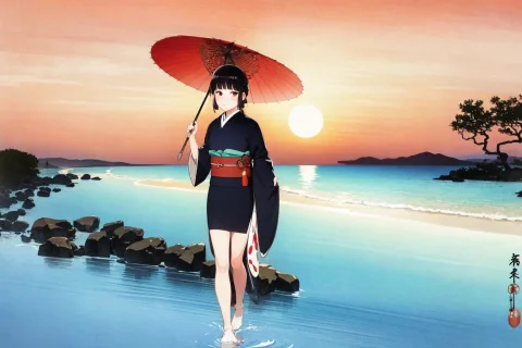 Loraohara Koson1, Ohara Koson, 1girl, Beach, Sunset, Red Sun... — Stable Diffusion AI Prompt: , ohara koson, 1girl, beach, sunset, red sun, umbrella, japan,