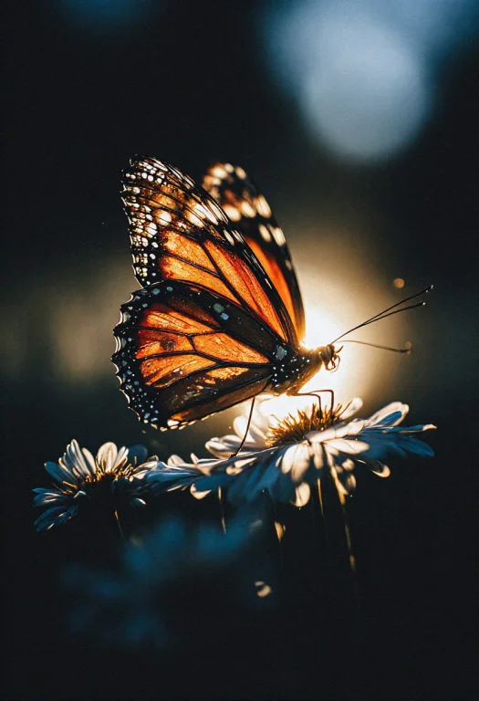 Monarh Butterfly At Sunset On A Flower, Backlit, Amazing Dra...