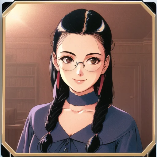 A Girl, Rounded Glasses,smile, Middle Widows Peak, Black Hai...