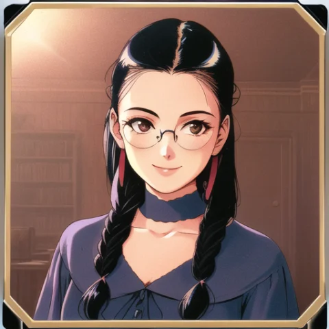 A Girl, Rounded Glasses,smile, Middle Widows Peak, Black Hai... — Stable Diffusion AI Prompt: a girl, rounded glasses,smile, (((middle widow's peak))), black haired, long str...