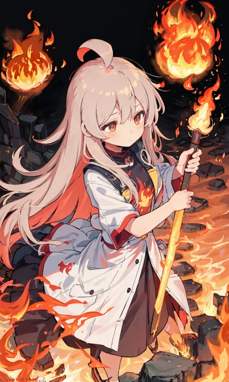 1girl, Bangs, Breathing Fire, Burning, Burnt Clothes, Embers...