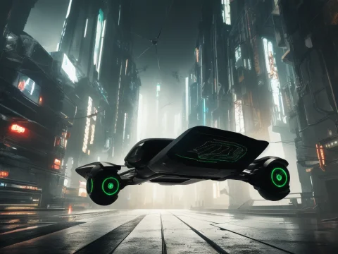 Dark Photo Of A Futuristic Metallic Cyberpunk Flying Car1.3... — Stable Diffusion AI Prompt: dark photo of a futuristic Metallic cyberpunk (flying car:1.3) with futuristic c...